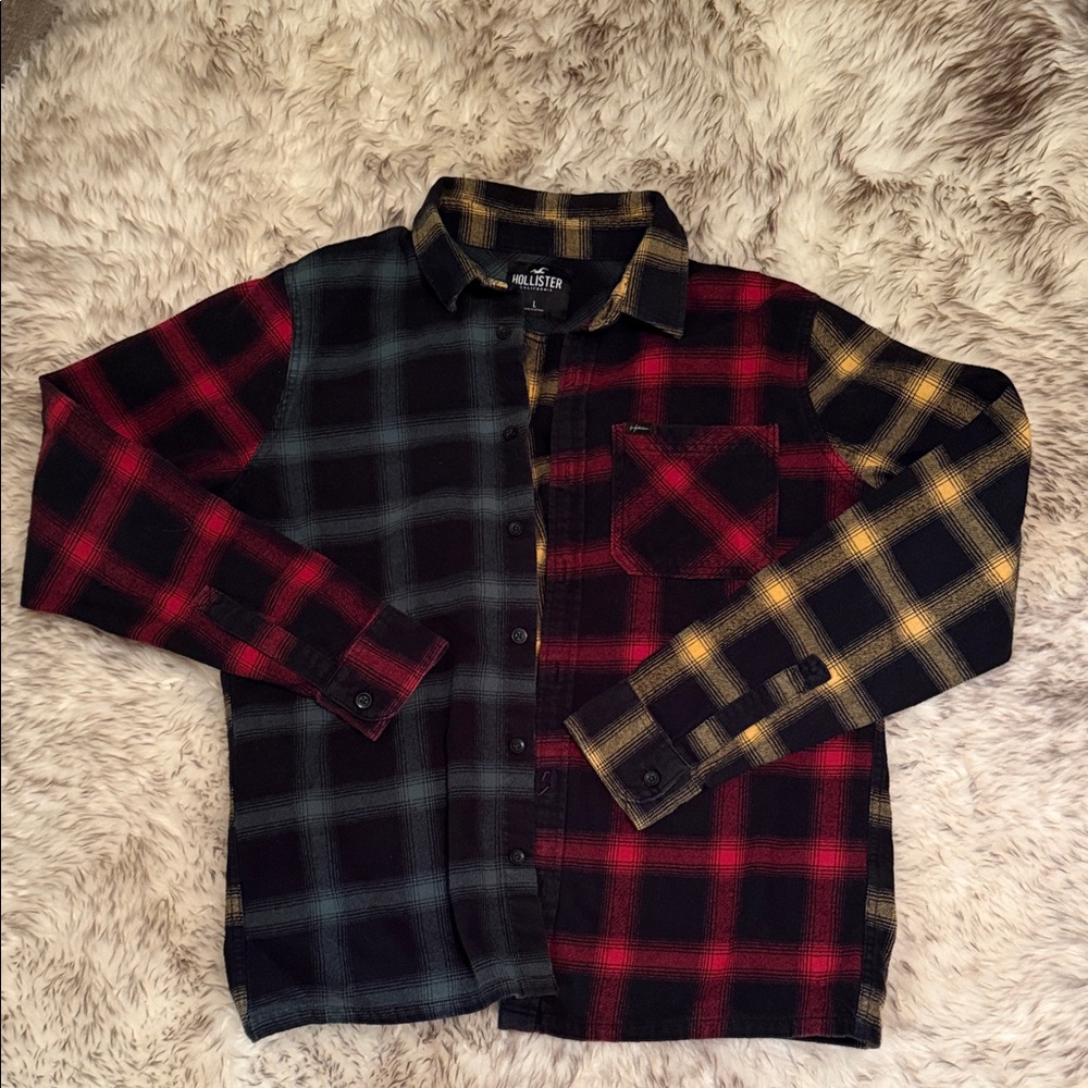 Hollister Men's Red, Black, and Yellow Plaid Shirt